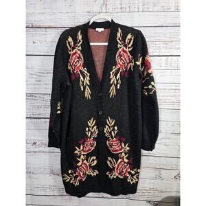 J.Jill Floral Long Cardigan Sweater Black Rose Print Button Front Women's L
